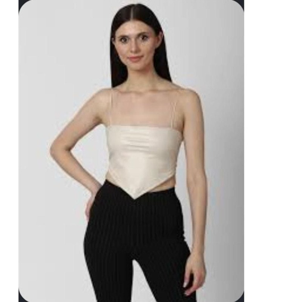 0 XS forever 21 Gold Tan Satin Crop top triangle shirred stretchy spaghetti